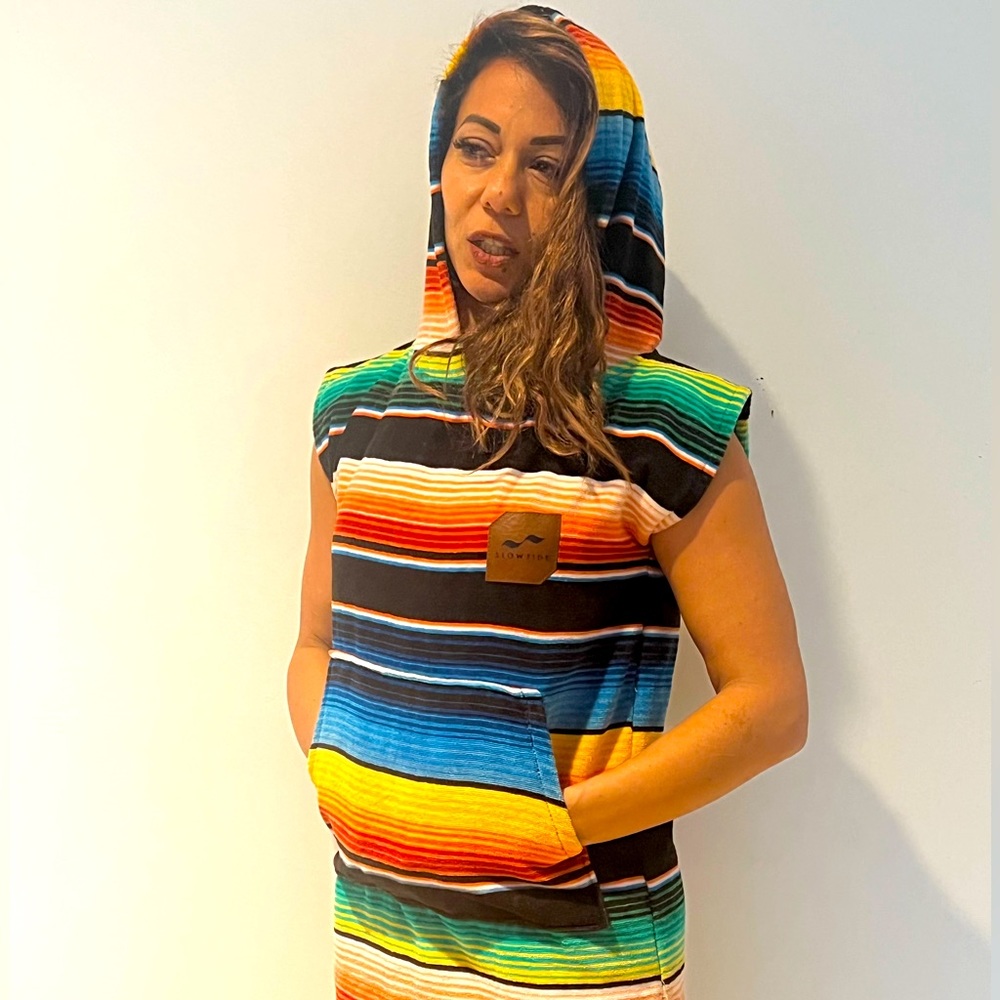 Slow Tide rainbow striped drying poncho for swim!
